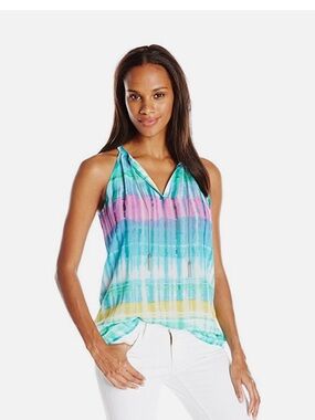 Calvin Klein Multi Color Tye Dye Halter Button Tie Chain Detail Top Size L